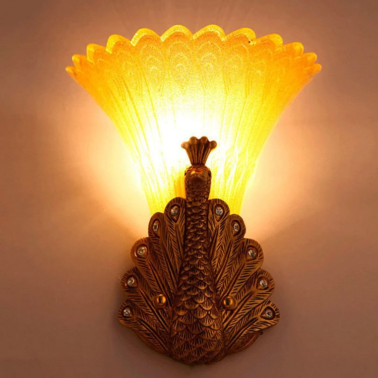1 Light Peacock Wall Mount Lamp Rustic Style Red/Gold Finish Resin Wall Light with Orange Glass Scalloped Shade, 9.5"/13" W
