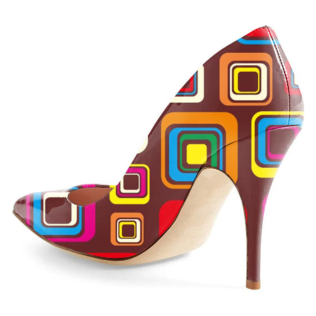 Eye-Catching Colorful Square Printed Patent Leather Pointed Pumps