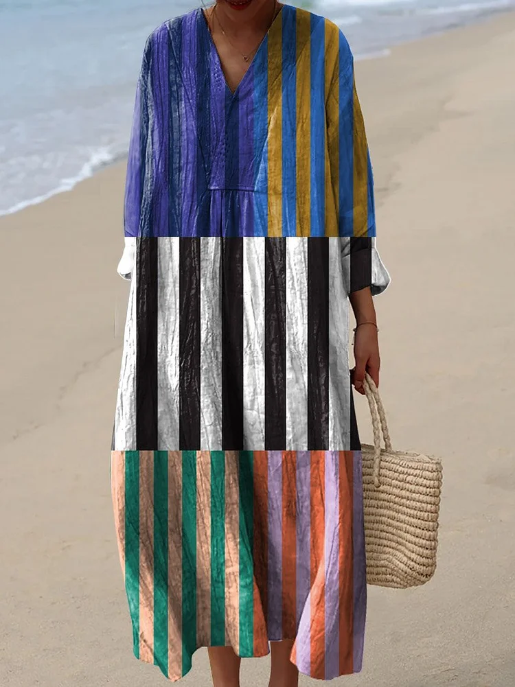 Women's Vintage Striped Color Block Art Print Flowy Dress