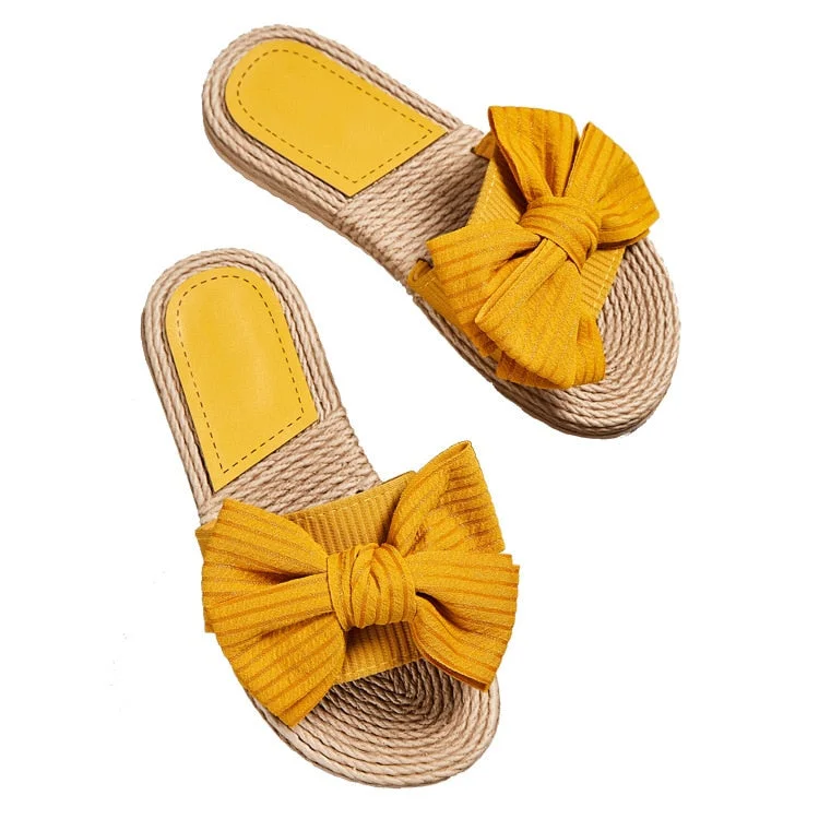 Summer Women Comfortable Indoor Slippers Female Bow-Knot Flax Linen Flip Flops Ladies Open Toe Beach Shoes Sandals Slipper hy437