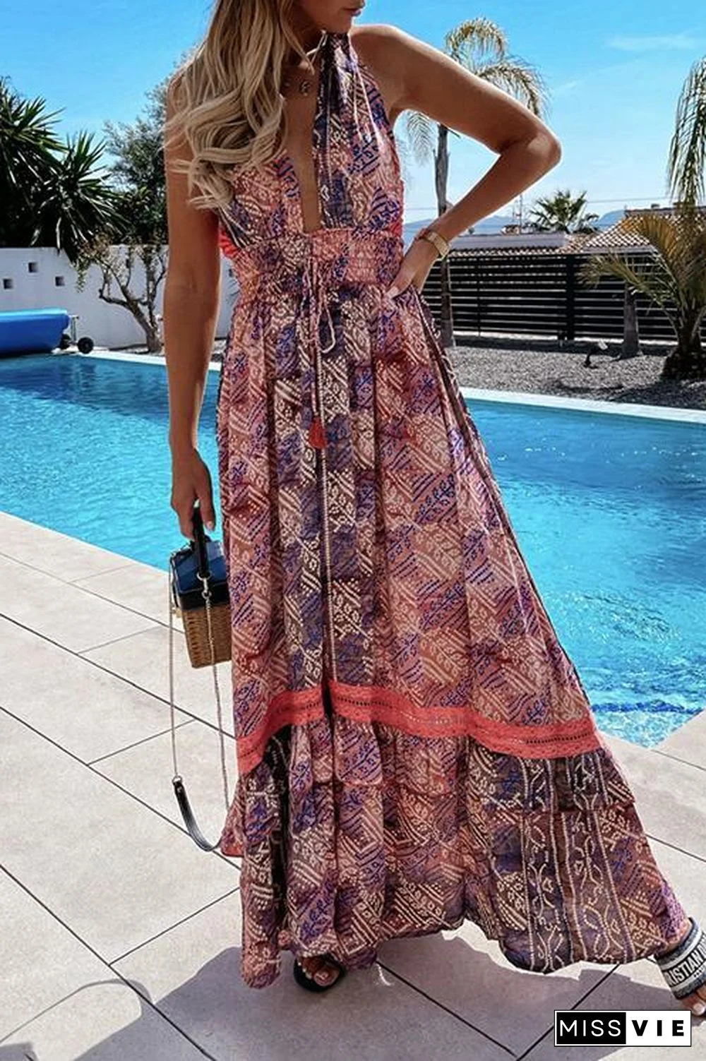 Lace Stitching Bohemian Halter Dress