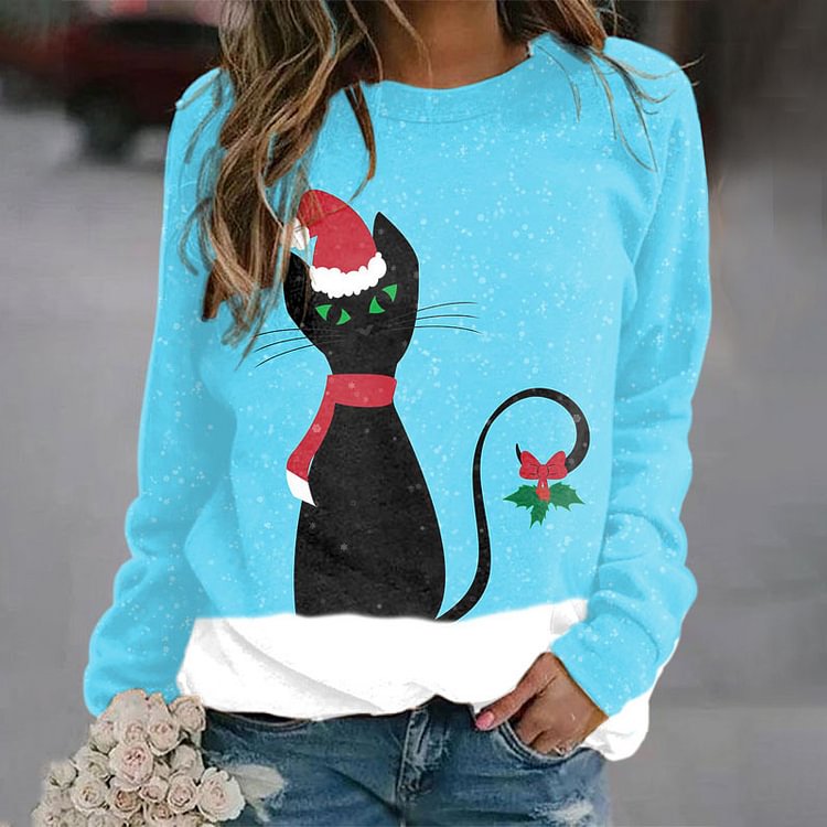 Vefave Casual Christmas Snow Cat Print Sweatshirt