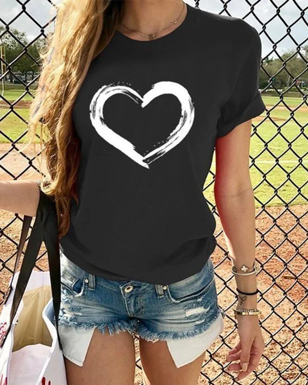 Short Sleeve Love Heart Printed Vintage Casual Tops Shirts