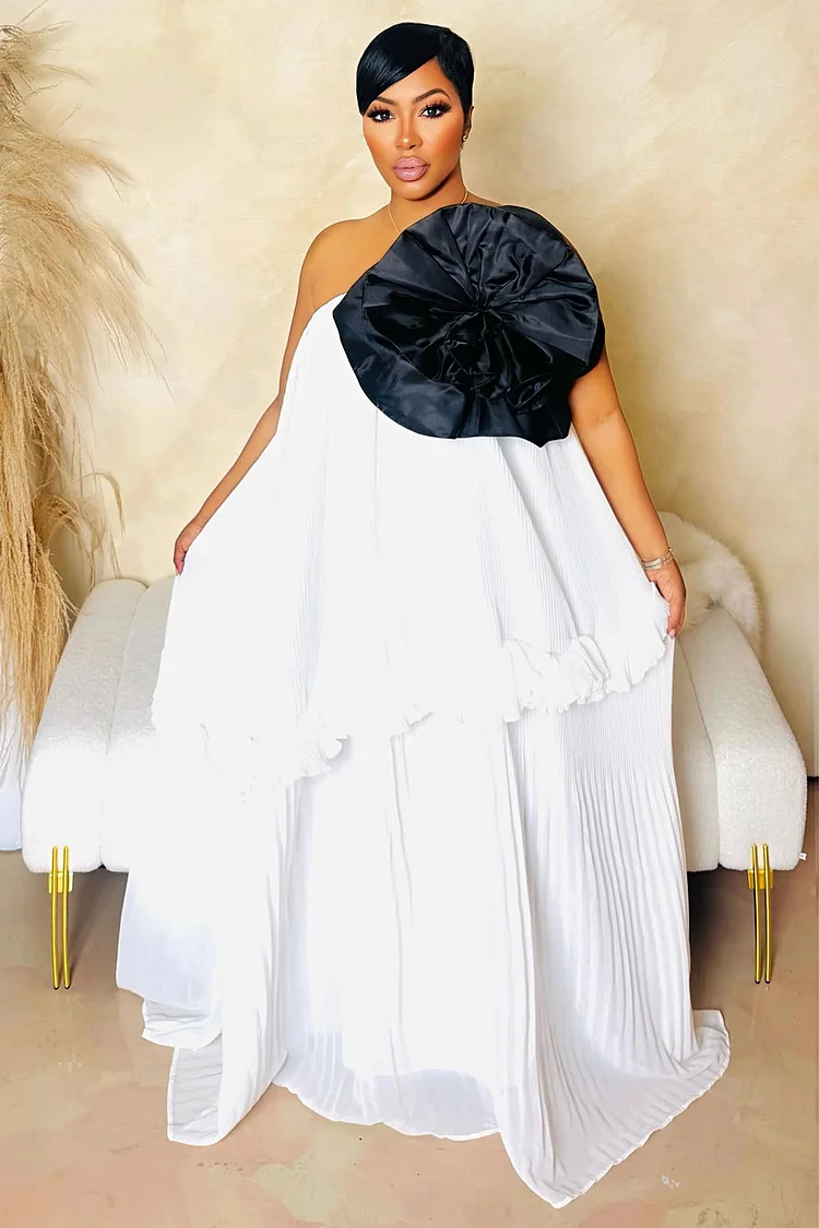 Strapless Ruffle Colorblock 3D Flower Party Maxi Dresses-White [Pre Order]