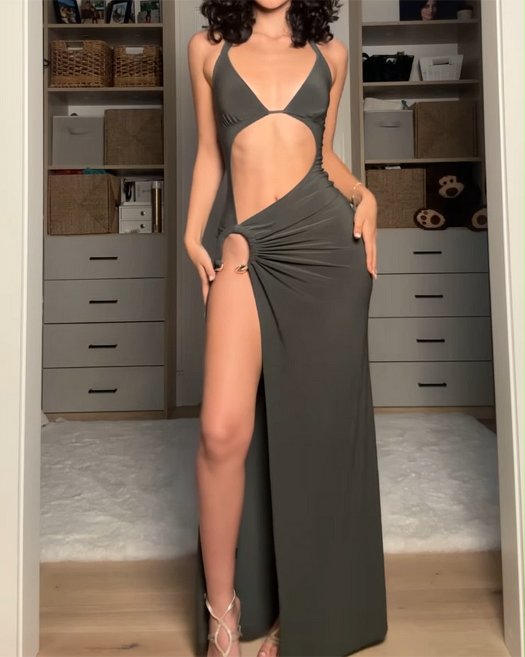 Halter Neck Hollow Solid Color Dress