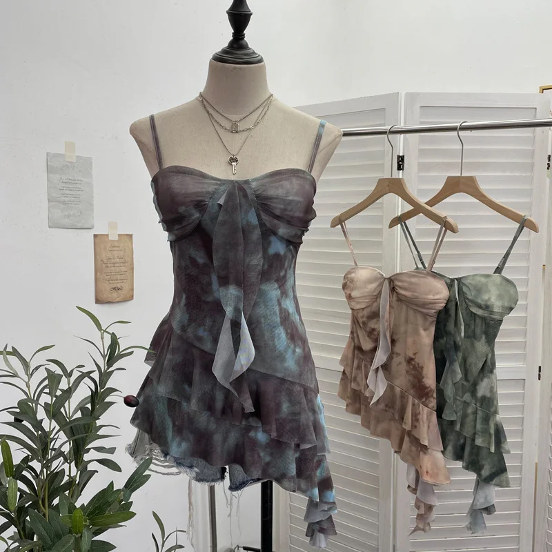 Uveng Real Shooting 2025 Spring And Summer New With Chest Cushions Dyed Mesh Sling Sling Vest Irregular Lotus Leaf Side Top 1139