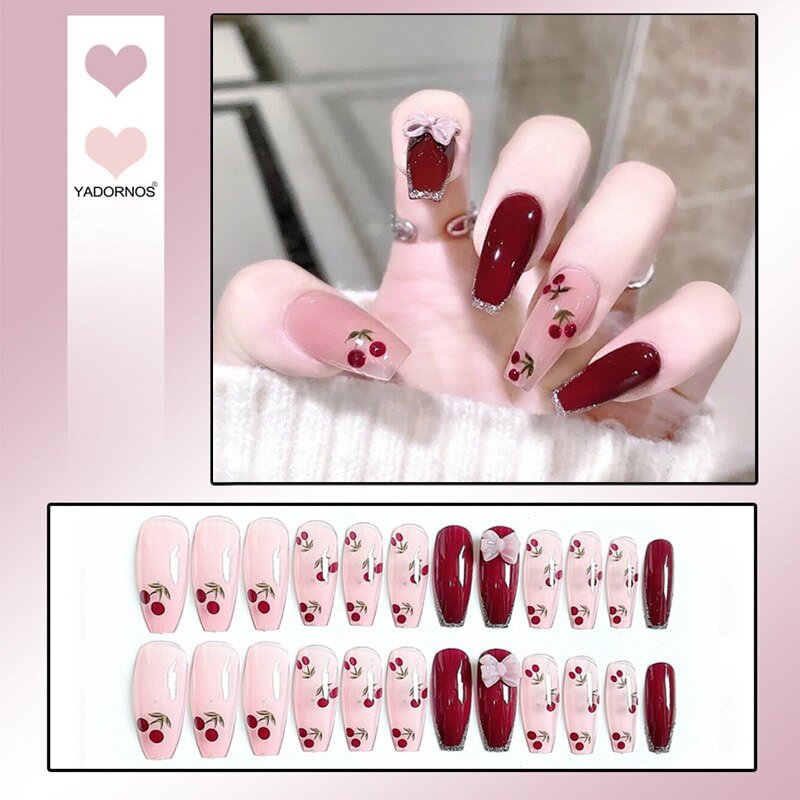 Agreedl False Nails 24pcs Glossy Deep Red False Nails Cherry Pattern For Girls Artificial Wearable Full Cover Fake Nail Tips