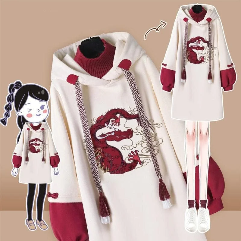 Retro Cute Print Hooded High-necked Sweatshirt Dress SP15677