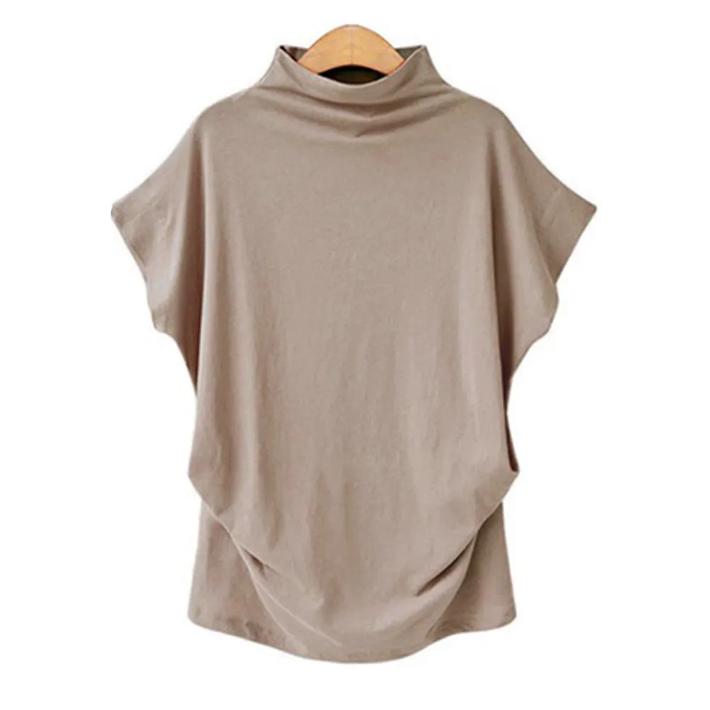 Brownm Commute Large Size Women's Half Turtleneck Batwing Sleeve Solid Color Polyester Top