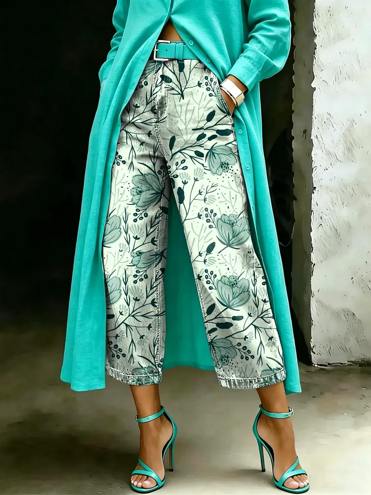 Women's Vintage Floral Art Casual Wide Denim Pants