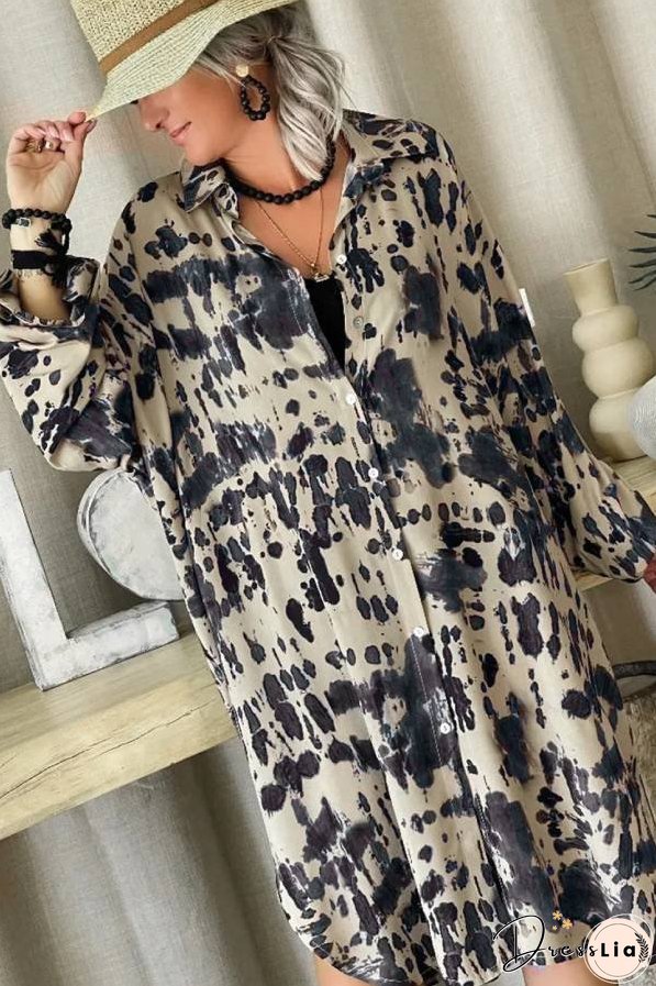 Apricot Splash Ink Print Long Sleeve Button Front Split Dress