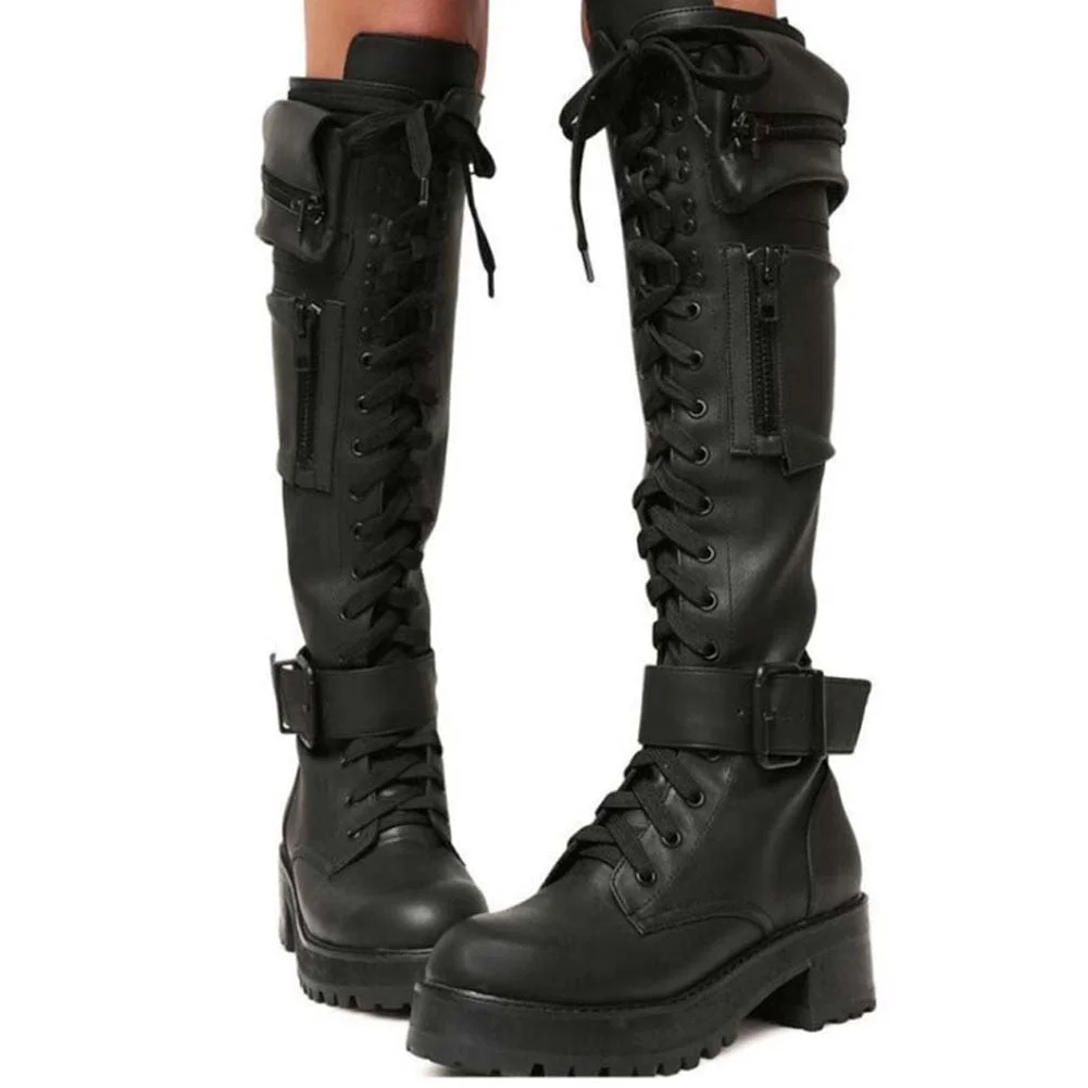 New Female Chunky High Heels Knee High Boots Fashion Zip Cross Tied women's Boots 2022 Cosplay Street Party Shoes Woman