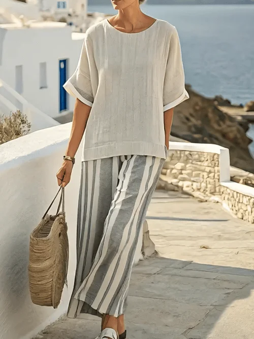 Women Summer Loose Slit Contrast Striped Pants Set