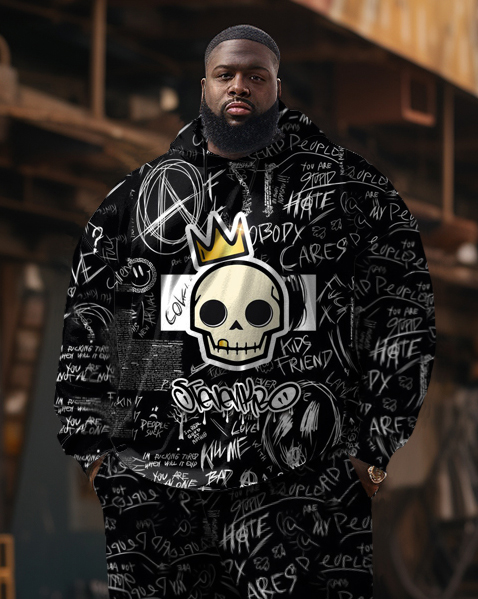 Men's Large Size Graffiti Skull Crown Hoodie Set of Two