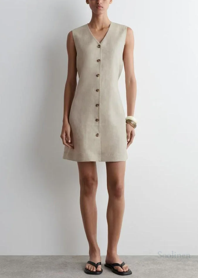 Art V Neck Linen A Line Tea Dress Sleeveless