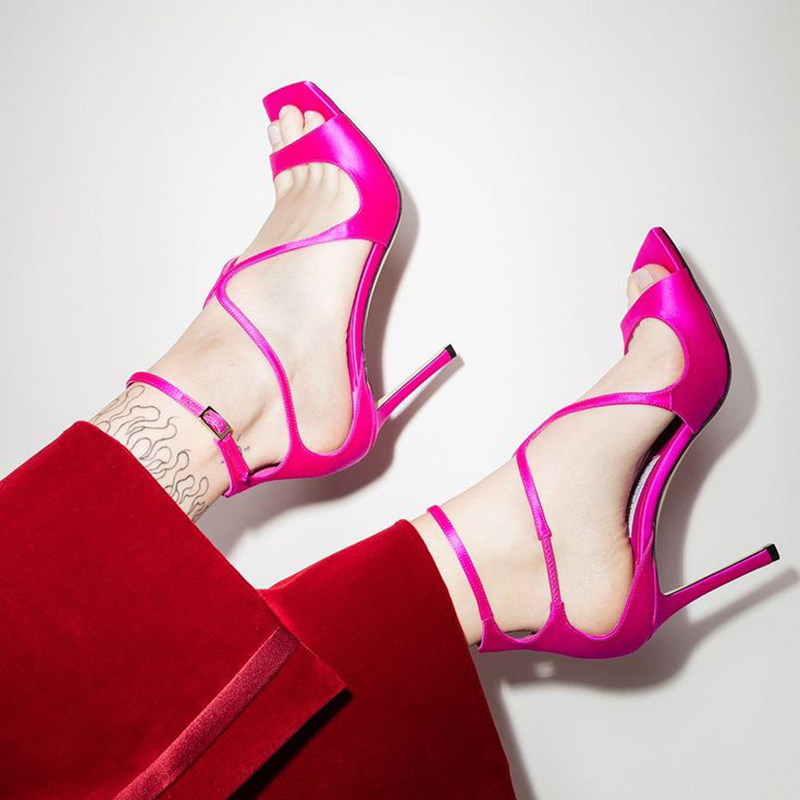 GOOSHOE Fuchsia Ankle Strap Heels Square Toe Sandals Stiletto Office Shoes