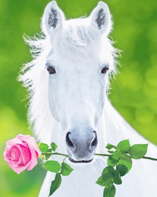 

White Horse Holding Pink Rose – Paint By Numbers - 40*50CM, 501 Original