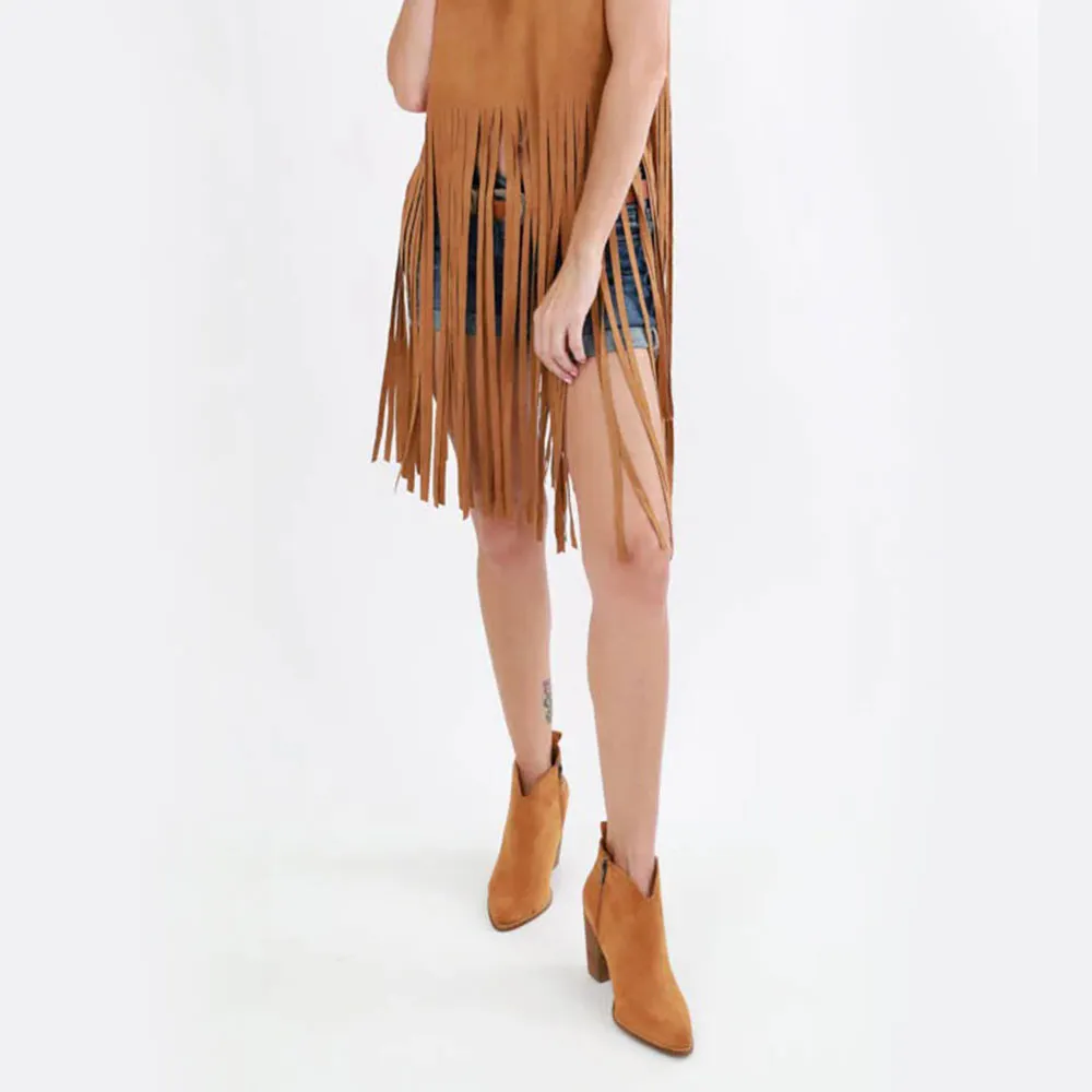 Tan Pointed Toe Chunky Heel Side Zipper Women's Western Boots