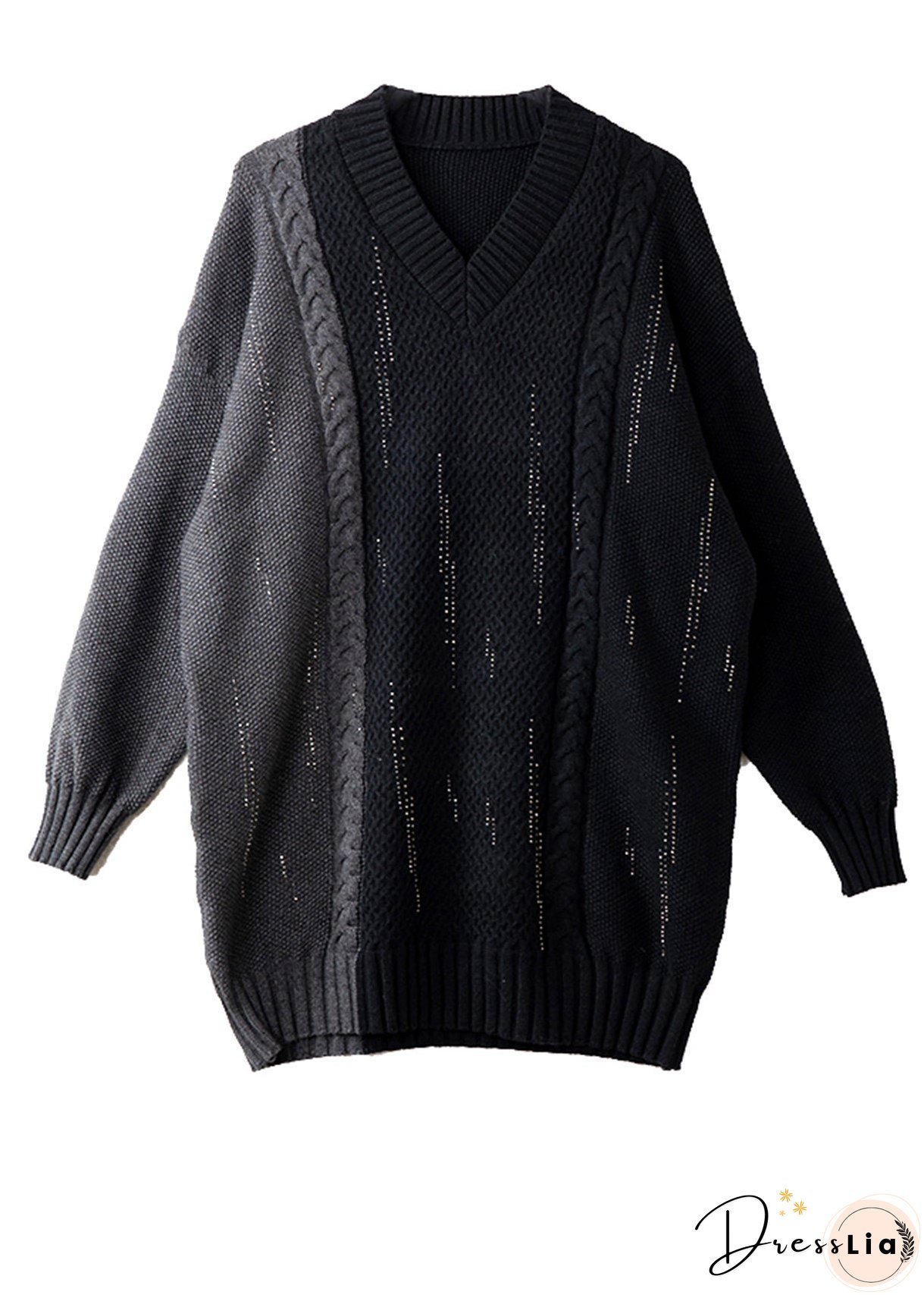 Handmade Colorblock V Neck Patchwork Knit Long Sweater Winter