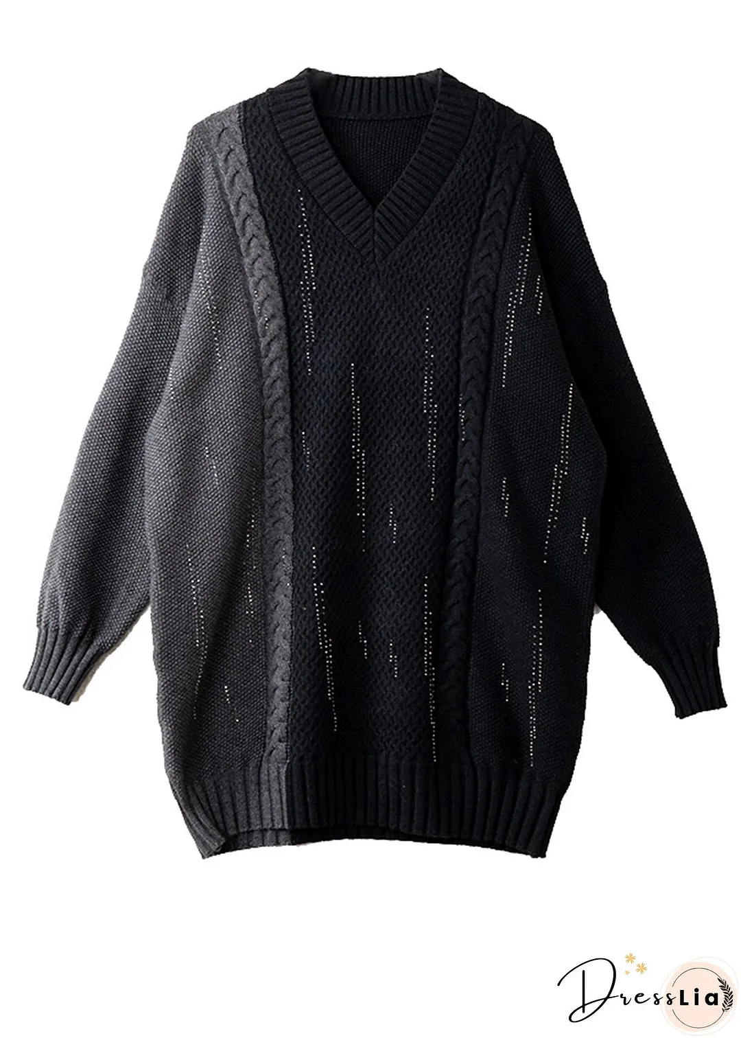 Handmade Colorblock V Neck Patchwork Knit Long Sweater Winter