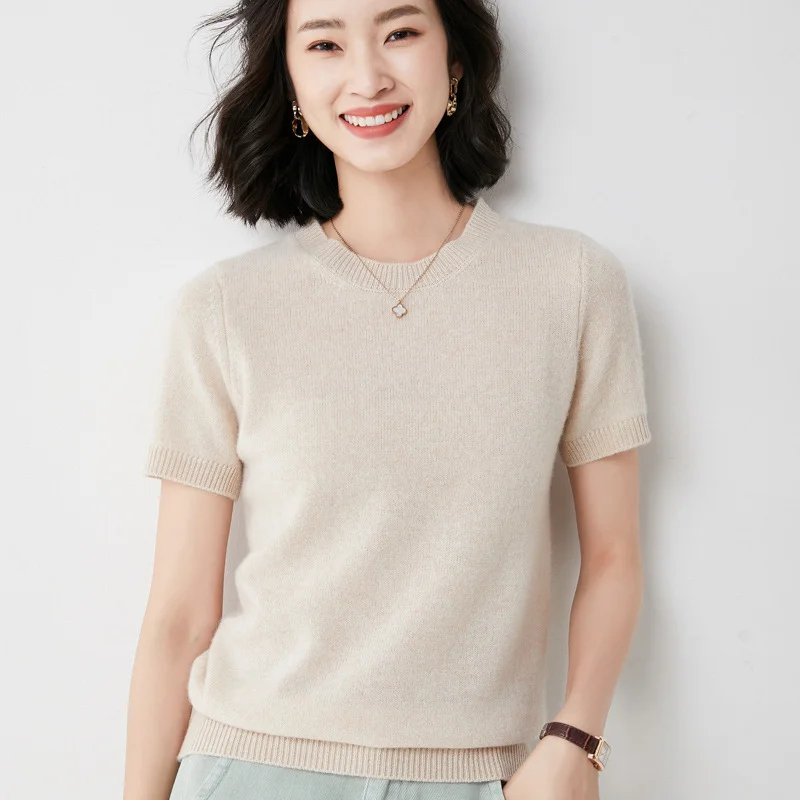 Churchf Churchf Female Round Collar Loose T-Shirt Inside Build Sweater Spring Autumn Base Outside Wear Short Sleeve Hair