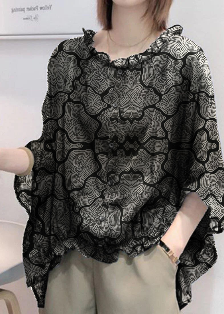 VCSHOES Black print Tops Ruffles Trim Half Sleeve Shirts Blouse Plus Size