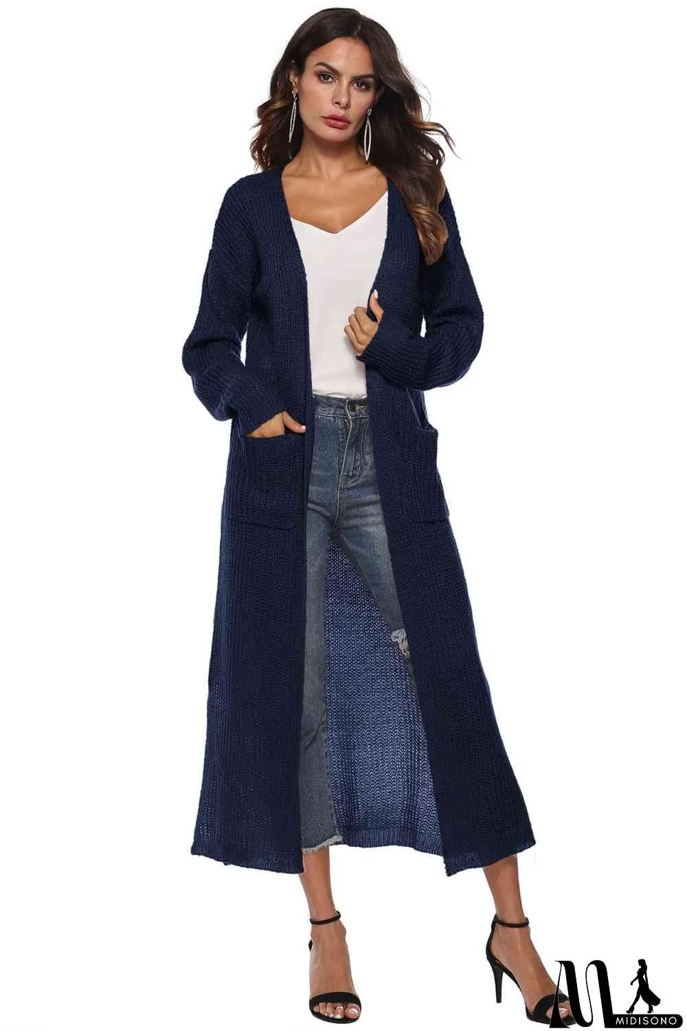 MidiSono - Long Sleeve Open Front Buttoned Cardigan