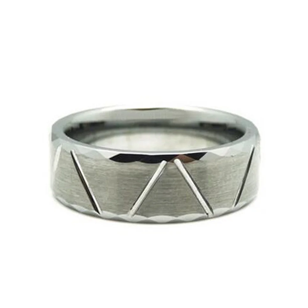 8MM Brushed Tungsten Carbide Rings Grooves Multi Faceted Bevel Edge For Men