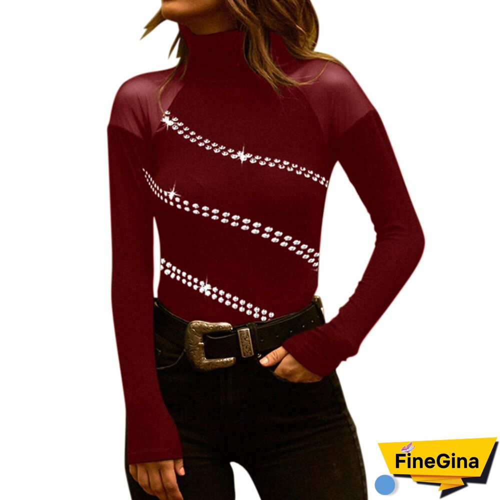Solid Elegant Turtleneck Sequins Tops for Women Office Lady Mesh Stitching Tops Spring Long Sleeve Autumn Slim Fit Shirts