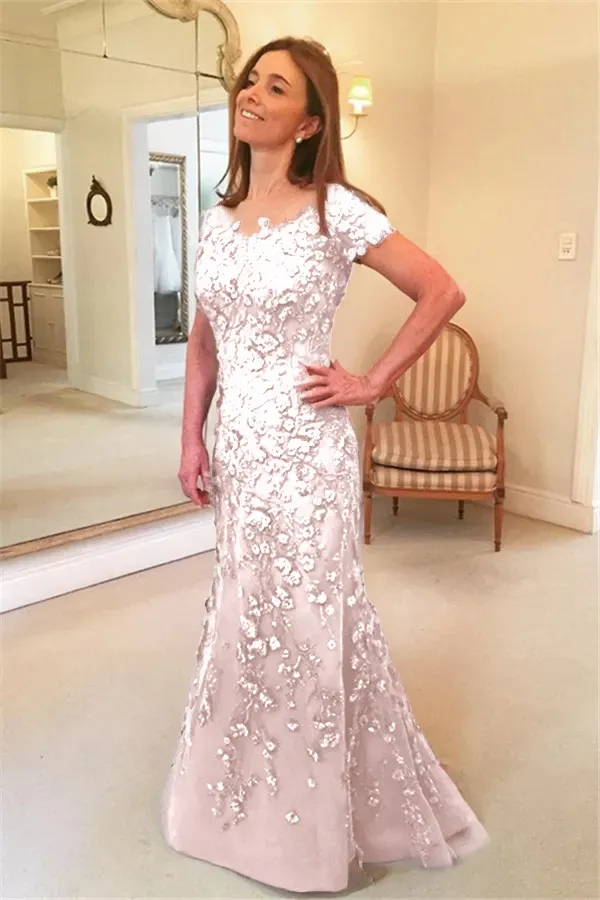 Daisda Scoop Neck Short Sleeves Long Mermaid Mother Of The Bride Dress With Appliques