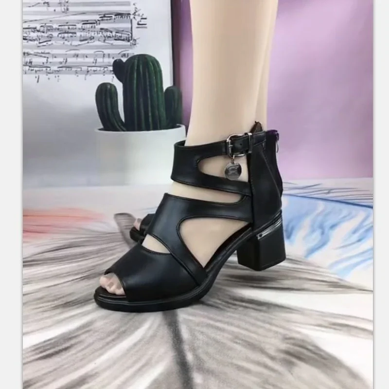 Qengg Women Sandals Soft Leather PU High Squre Heel Sandals Black Thick Platform Shoes Female Open Toe Party Wedding Shoes