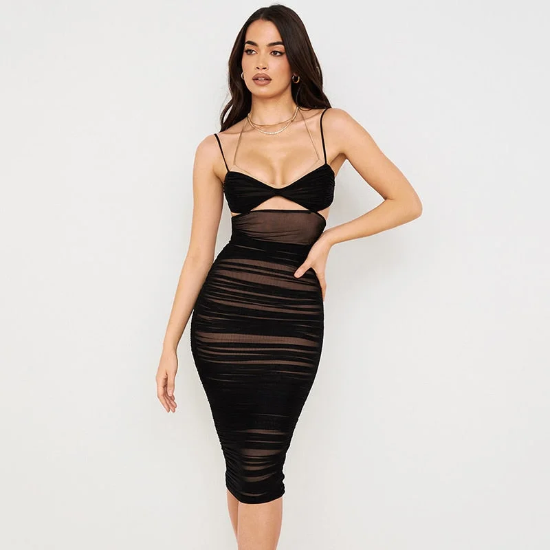 Double Layer Off-shoulder Midi Dress Women Black Sleeveless Spaghetti Strap Dress Summer New Slim Partywear Club Vestido
