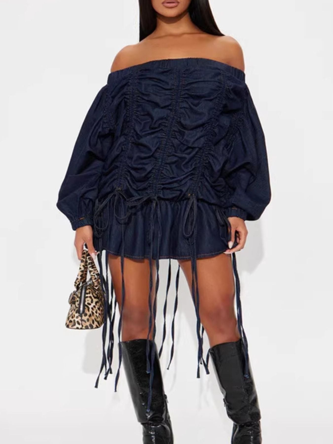 Off-Shoulder Ruched Denim Dress mysite idetrend