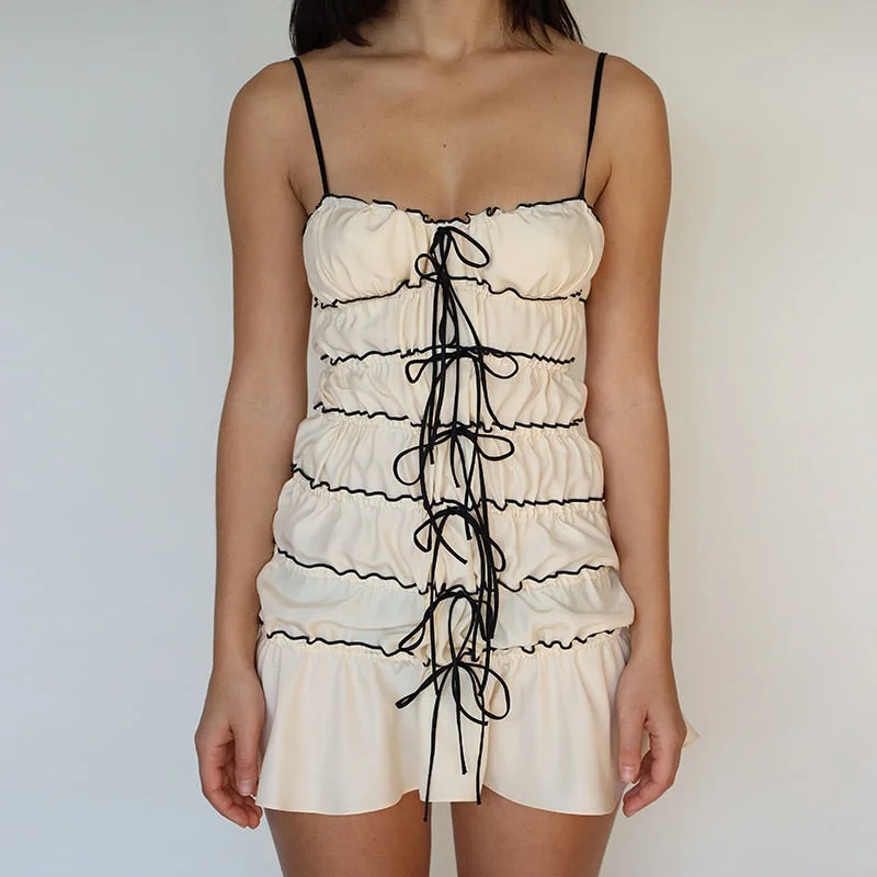 Toloer Bow Ruched Design Mini Strap Dress-Outfit Ideas