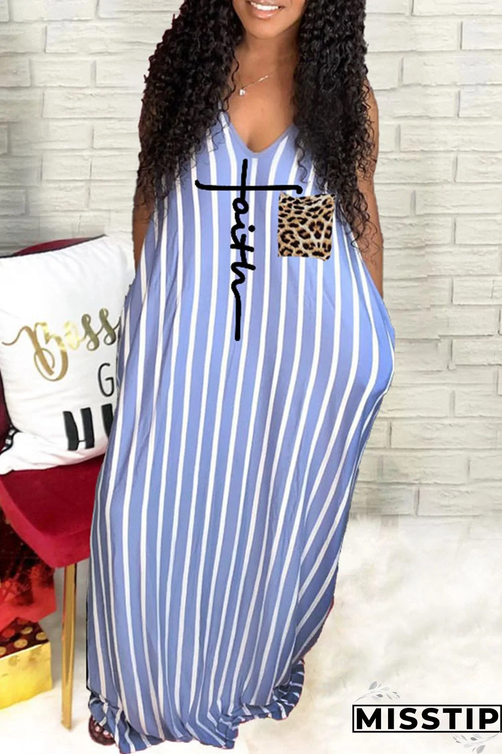 Blue Casual Print Patchwork V Neck Straight Dresses
