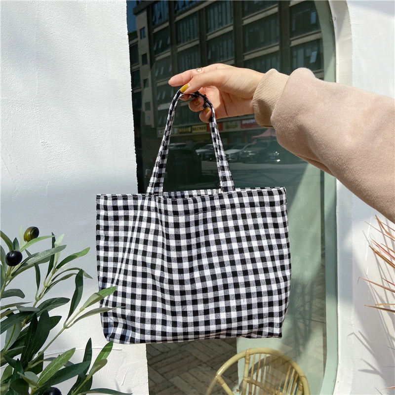 010271 Artistic Fresh Portable Lunch Bag Japanese Plaid Mummy Student Portable Small Bag Walking Bag