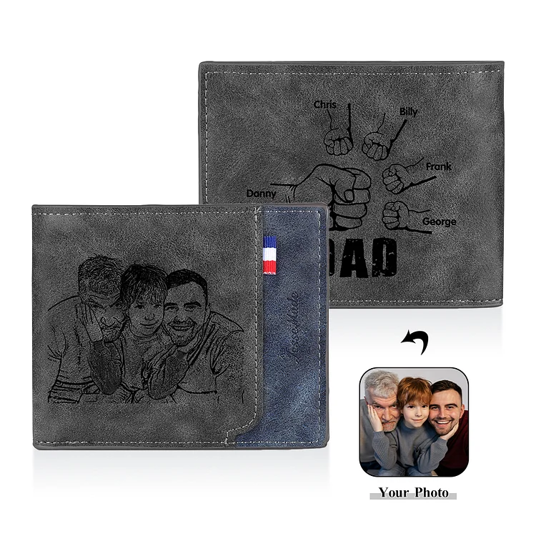 5 Names - Personalized Fist Bump Photo Custom Leather Men's  Wallet as a Father's Day Gift for Dad