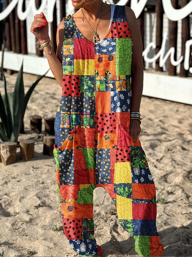 Floral Pattern Hippie Art Print Casual 100% Cotton Wide Leg Jumpsuit