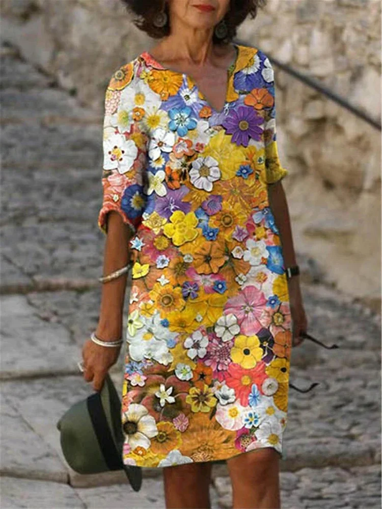 Elegant V Neck Allover Floral Pattern Half Sleeve Midi Dress