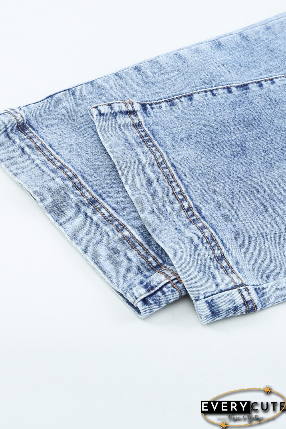 Light Blue Washed Holes Ripped Wide Leg Jeans