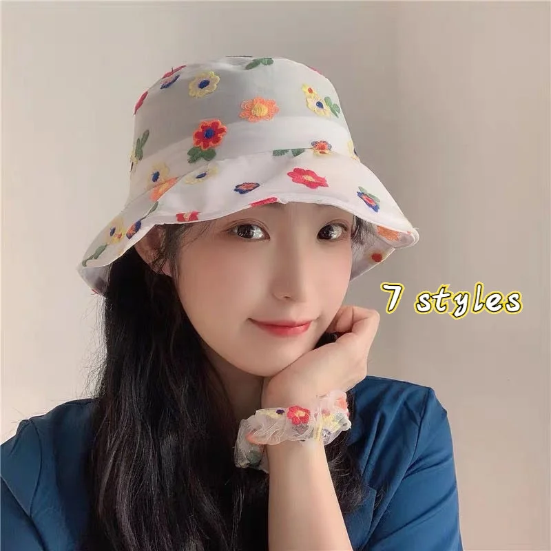 Bucket Hats Women Ins Adult Summer Aesthetic Travel Elegant Print Personality Hollow Out Design BF Chic Fisherman Hat Breathable