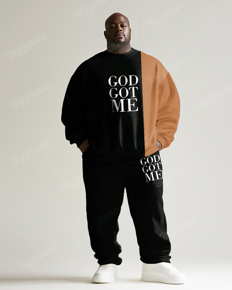 Men's Black Print Orange Letter Plus Size Crewneck Sweatshirt Suit