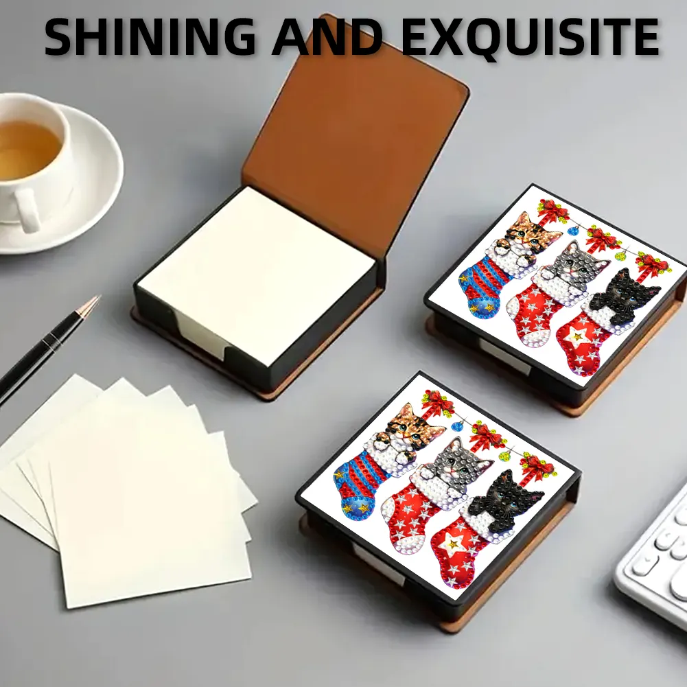 5D DIY PU Diamond Art Note Box with 160 Sheets Paper Mosaic Kit (Kitty Socks)