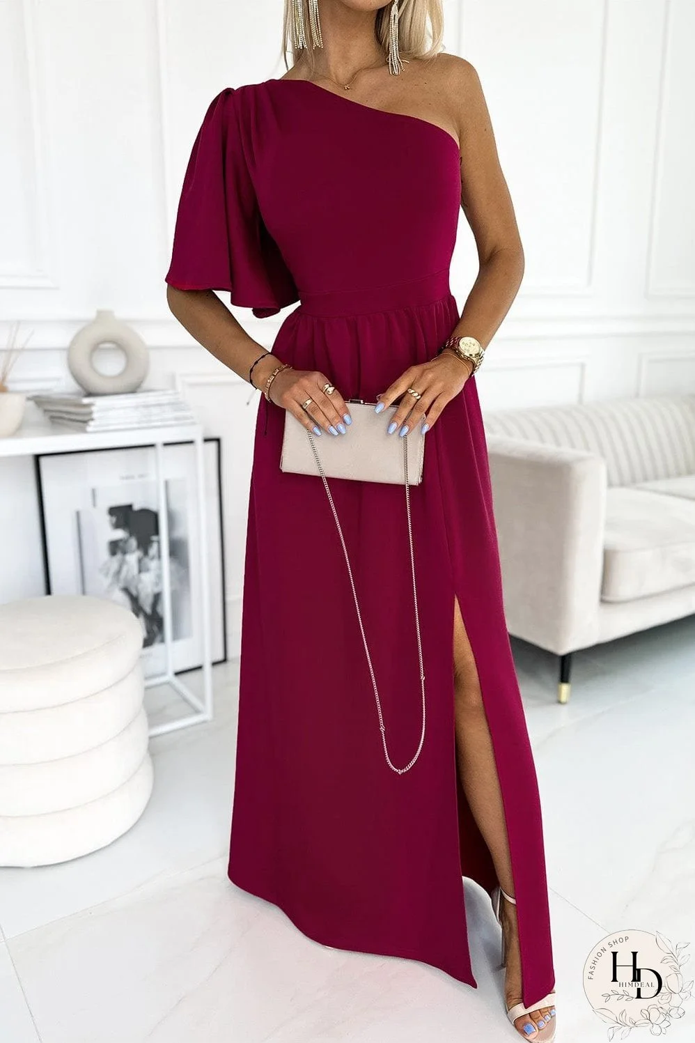 Solid Sloping Shoulder Slit Dress