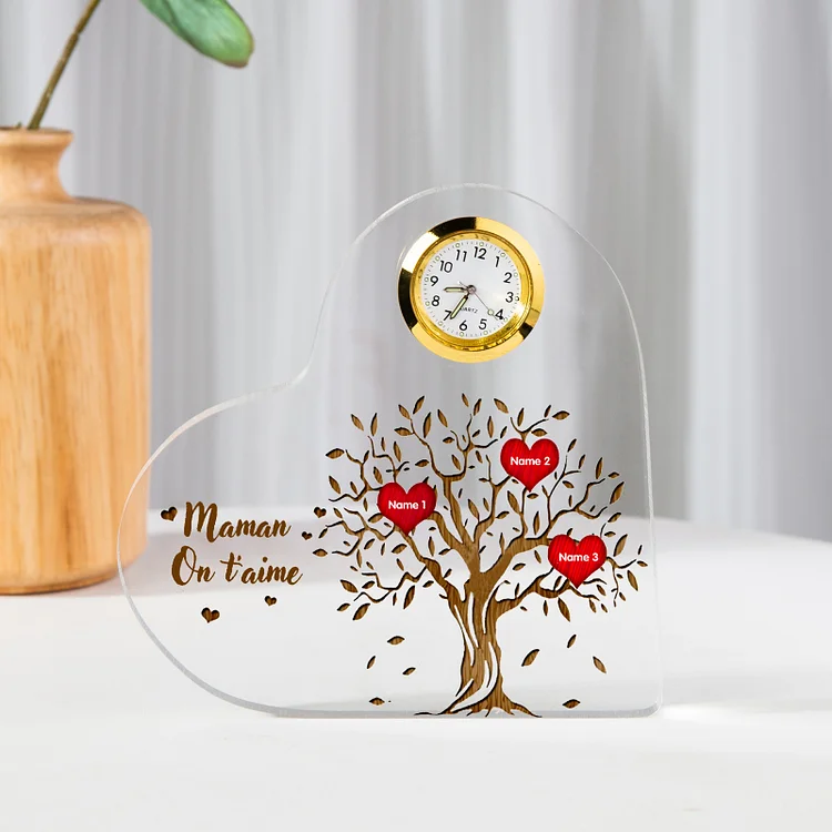 À ma Maman-Plaque acrylique en forme de coeur avec horloge Arbre de vie Arbre généalogique 3 prénoms personnalisé Jessemade FR