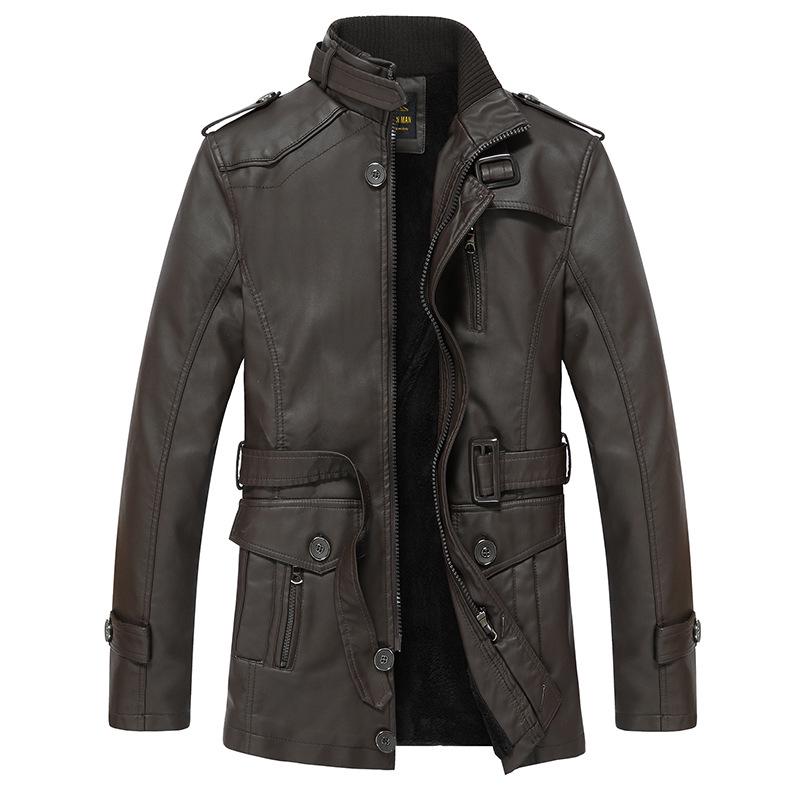 Men's Winter Long Thickening Fleece-lined Coat Warm Long Trench Leather Jacket Outerwear