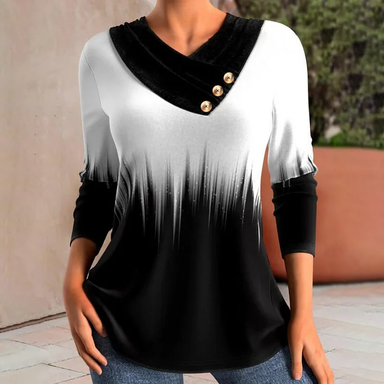 Autumn Casual Printed V-Neck Long Sleeve Button T-Shirt