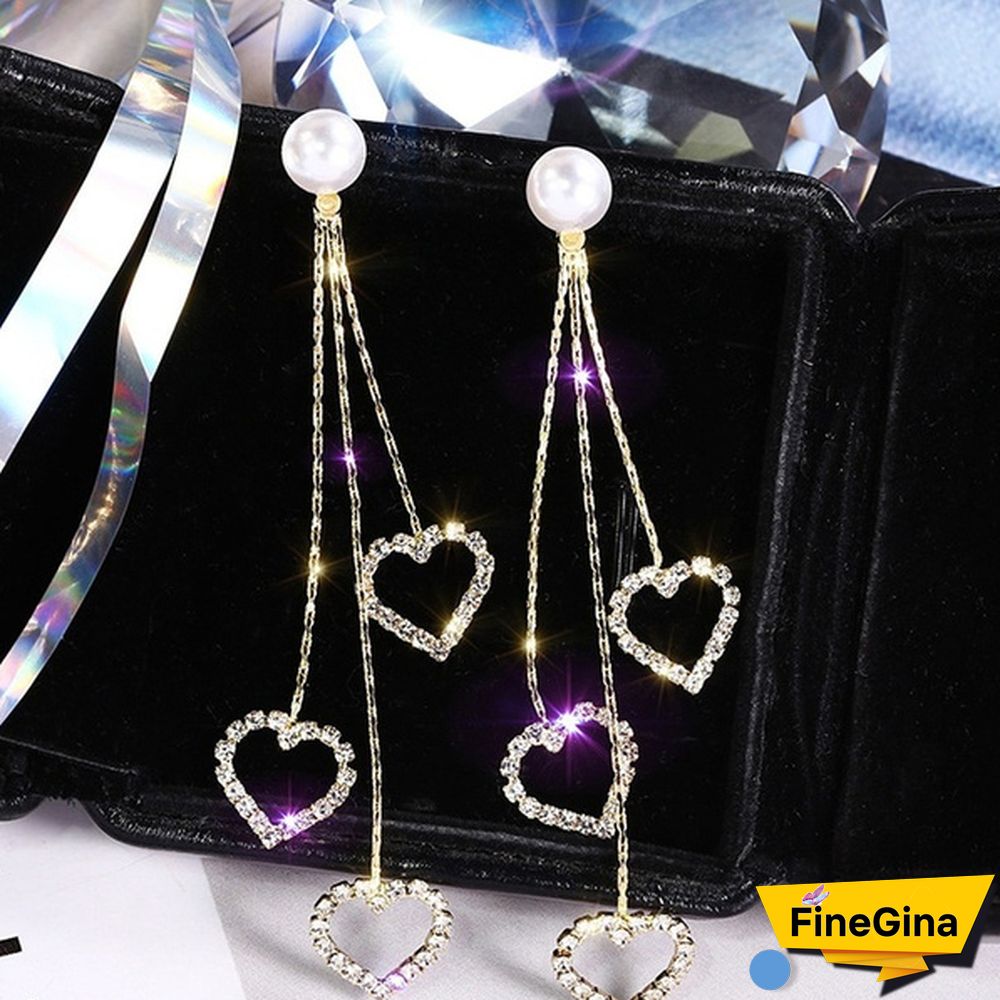 Heart Zircon Tassel Earrings, Tassel Sterling Silver Earrings, Dangle Heart Earrings, Romantic Jewelry for Woman, Woman Gift