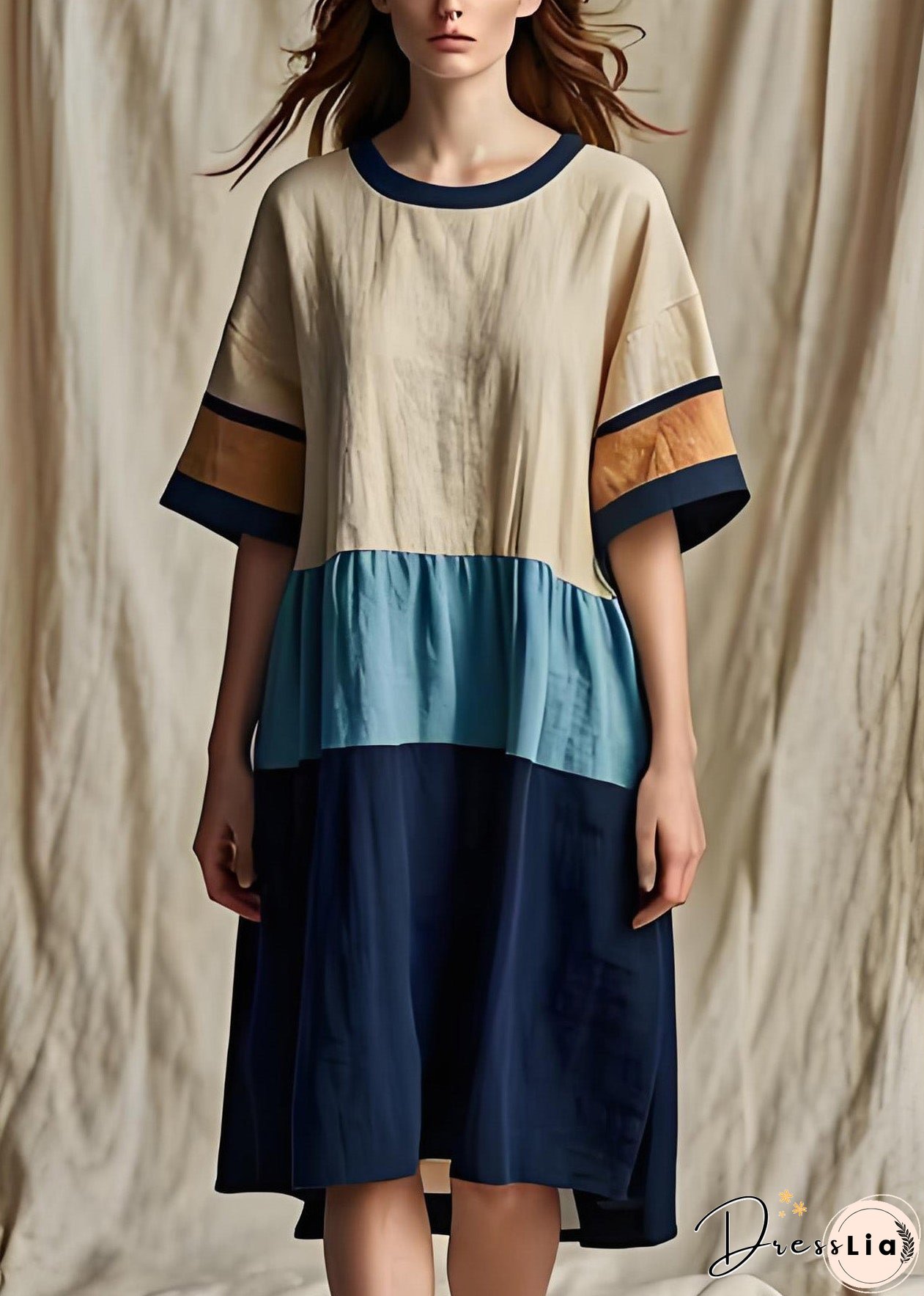 Women Colorblock O Neck Patchwork Cotton Dresses Summer