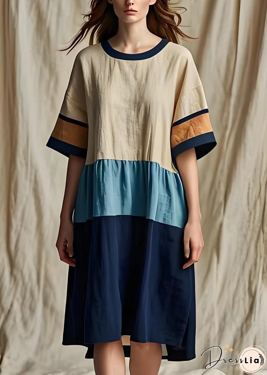 Women Colorblock O Neck Patchwork Cotton Dresses Summer